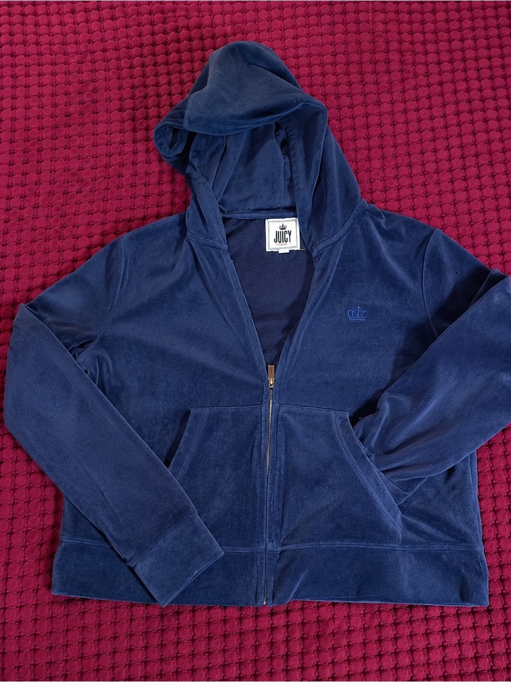 Juicy Couture Girls Navy Velour Zip Hoodie with Crown Embroidery